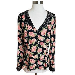 VTG Carol Little Button Down Top Womens 12 Black Pink Floral Beaded Notch Collar